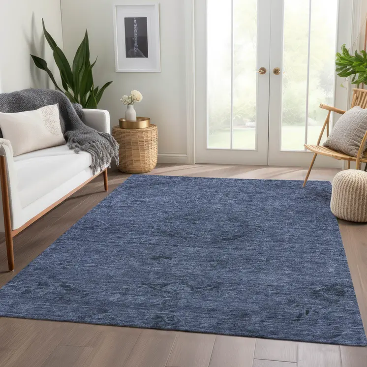 8' X 10' Navy Blue And Charcoal Floral Washable Indoor Outdoor Area Rug