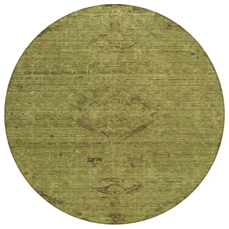 8' Olive Green And Brown Round Floral Washable Indoor Outdoor Area Rug