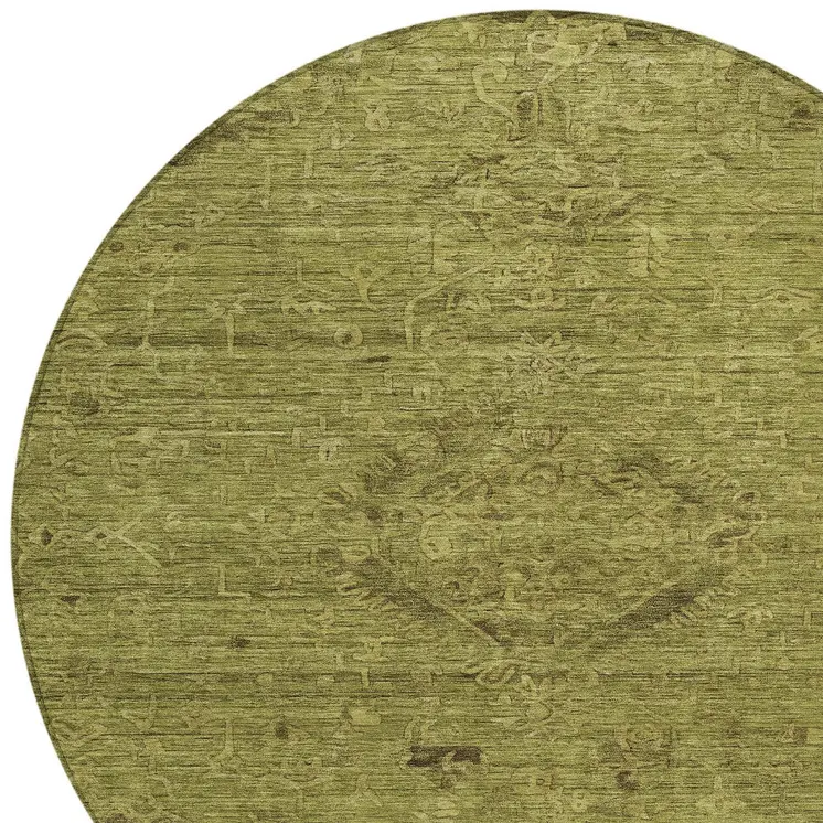 8' Olive Green And Brown Round Floral Washable Indoor Outdoor Area Rug