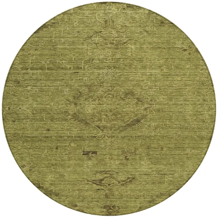 8' Olive Green And Brown Round Floral Washable Indoor Outdoor Area Rug