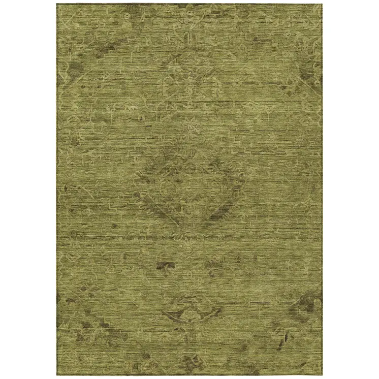 8' X 10' Olive Green And Brown Floral Washable Indoor Outdoor Area Rug