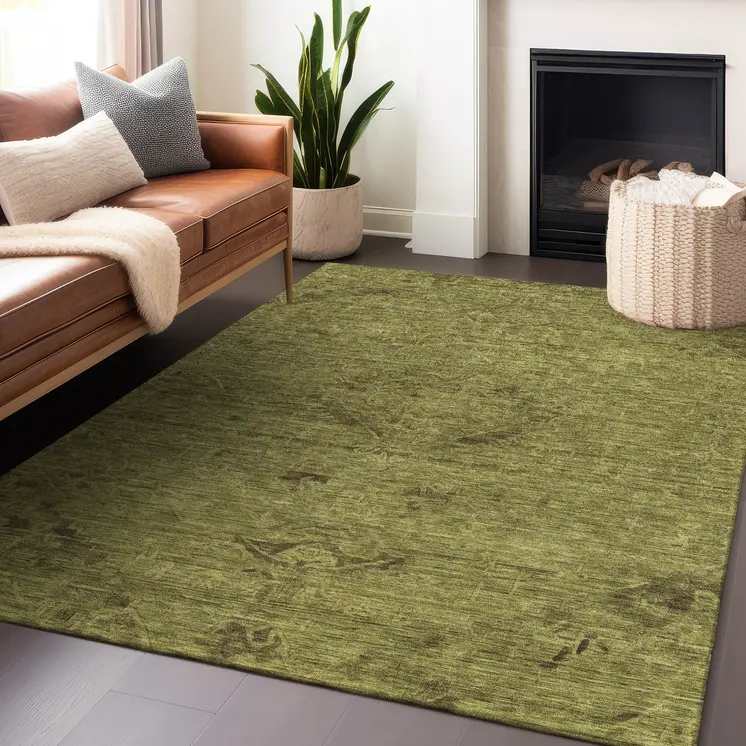 8' X 10' Olive Green And Brown Floral Washable Indoor Outdoor Area Rug