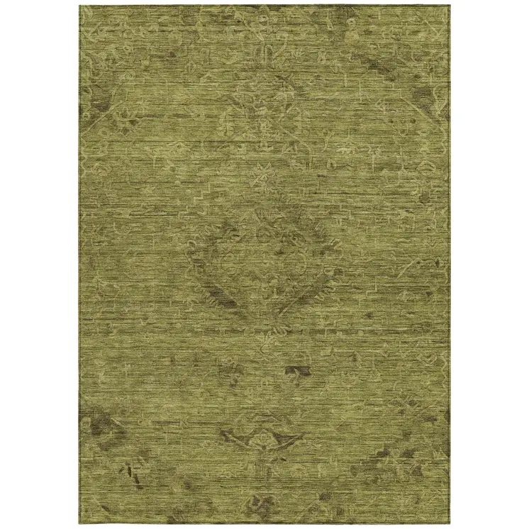 9' X 12' Olive Green And Brown Floral Washable Indoor Outdoor Area Rug