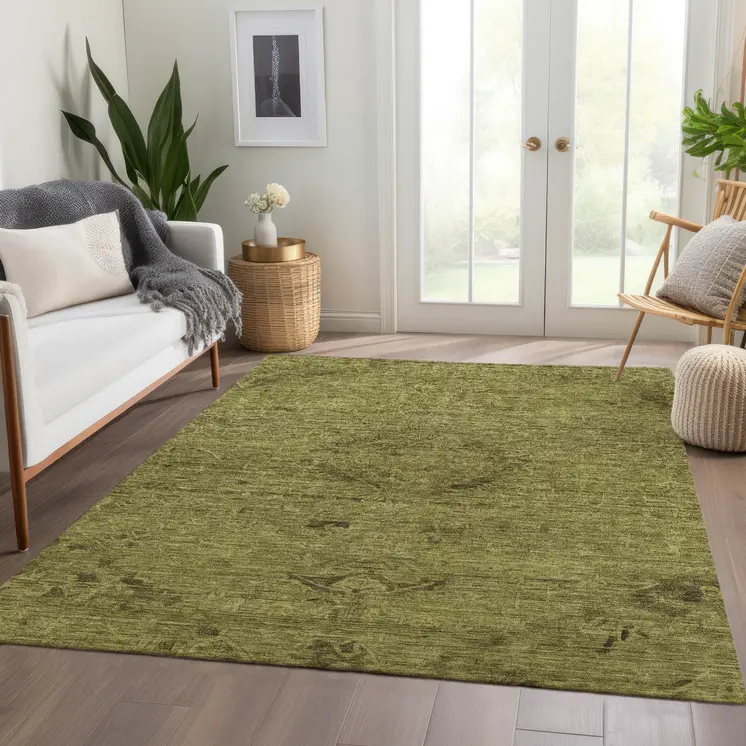 10' X 14' Olive Green And Brown Floral Washable Indoor Outdoor Area Rug
