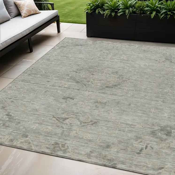 5' X 8' Pewter And Beige Floral Washable Indoor Outdoor Area Rug