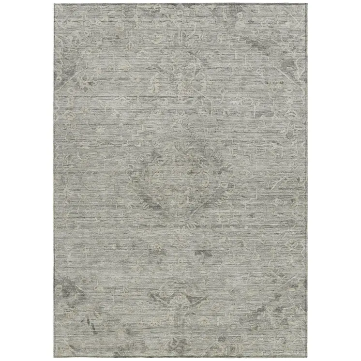 5' X 8' Pewter And Beige Floral Washable Indoor Outdoor Area Rug