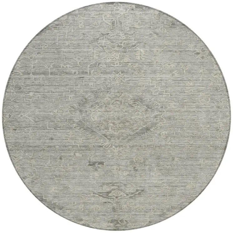 8' Pewter And Beige Round Floral Washable Indoor Outdoor Area Rug