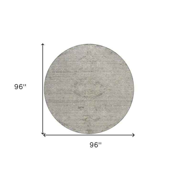 8' Pewter And Beige Round Floral Washable Indoor Outdoor Area Rug