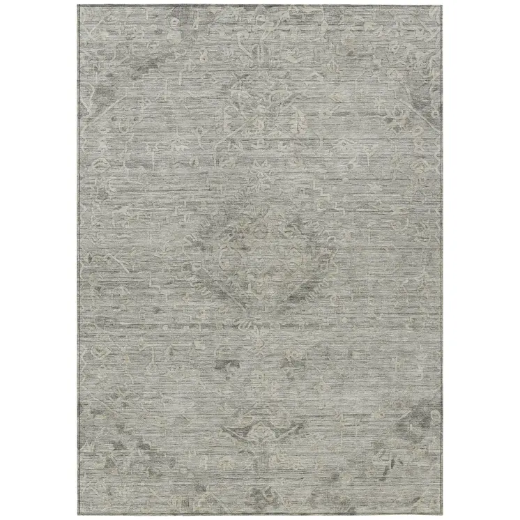 10' X 14' Pewter And Beige Floral Washable Indoor Outdoor Area Rug