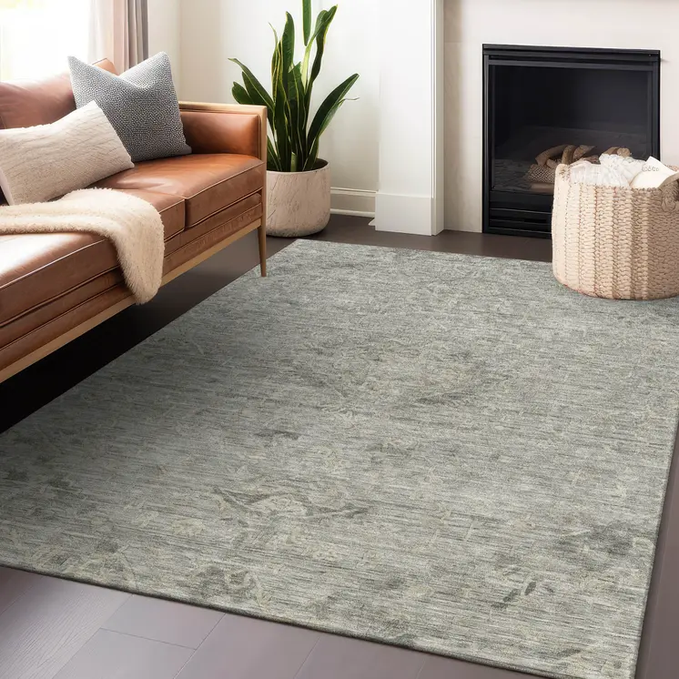 10' X 14' Pewter And Beige Floral Washable Indoor Outdoor Area Rug