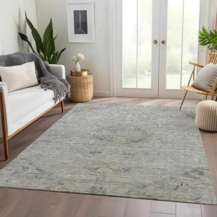 10' X 14' Pewter And Beige Floral Washable Indoor Outdoor Area Rug