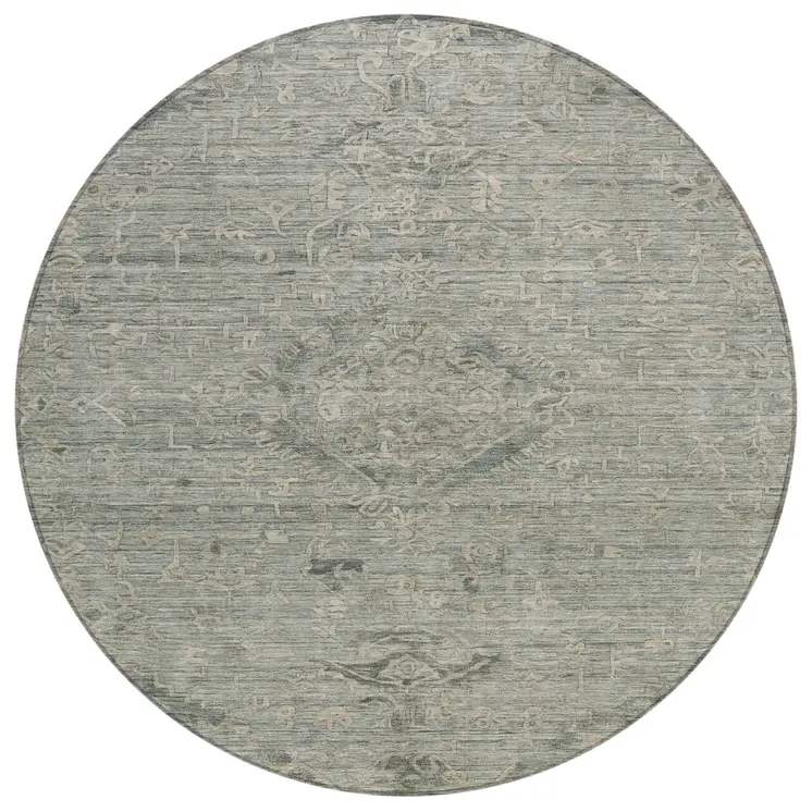 8' Sage And Beige Round Floral Washable Indoor Outdoor Area Rug