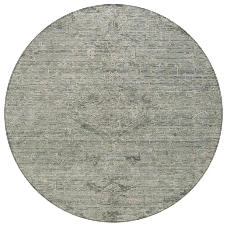 8' Sage And Beige Round Floral Washable Indoor Outdoor Area Rug