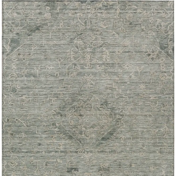 9' X 12' Sage And Beige Floral Washable Indoor Outdoor Area Rug
