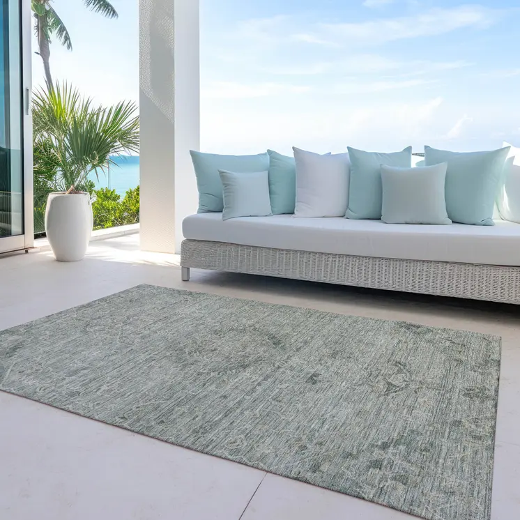 9' X 12' Sage And Beige Floral Washable Indoor Outdoor Area Rug