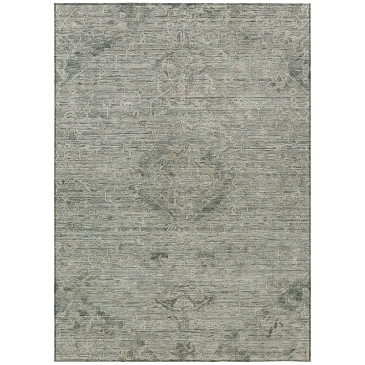 9' X 12' Sage And Beige Floral Washable Indoor Outdoor Area Rug