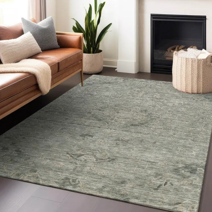 9' X 12' Sage And Beige Floral Washable Indoor Outdoor Area Rug