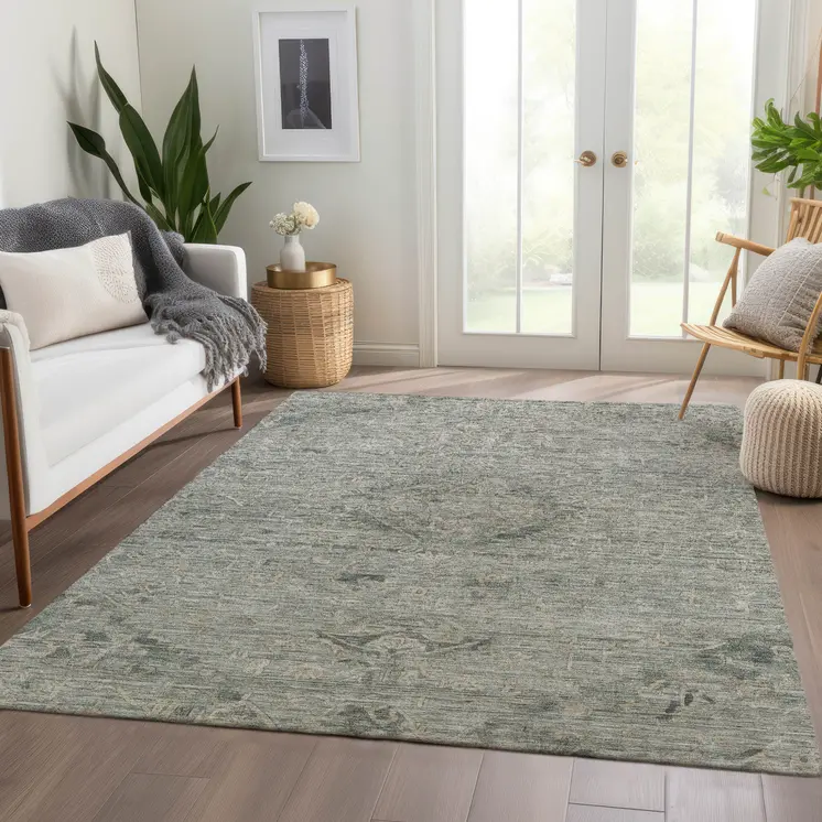 9' X 12' Sage And Beige Floral Washable Indoor Outdoor Area Rug