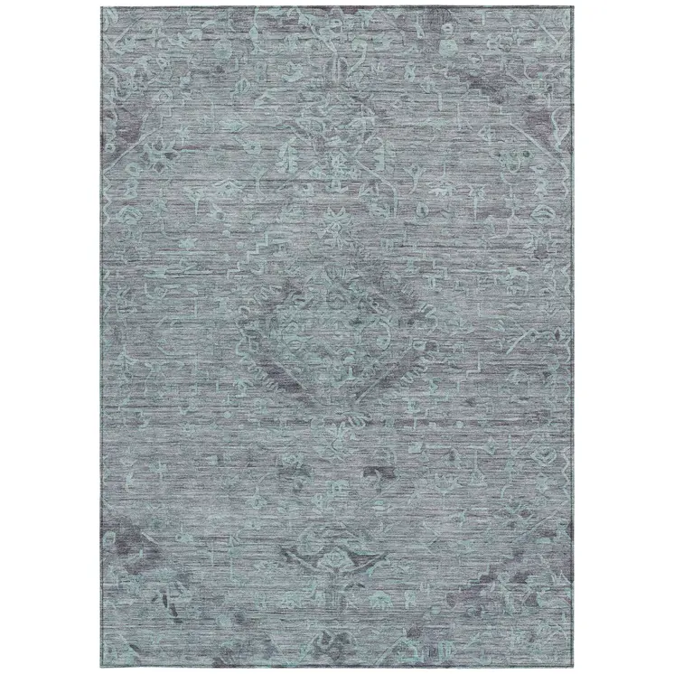 3' X 5' Teal Blue And Gray Floral Washable Indoor Outdoor Area Rug