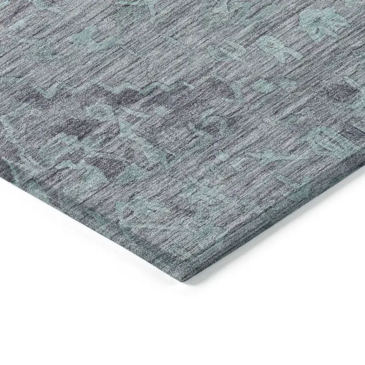 3' X 5' Teal Blue And Gray Floral Washable Indoor Outdoor Area Rug
