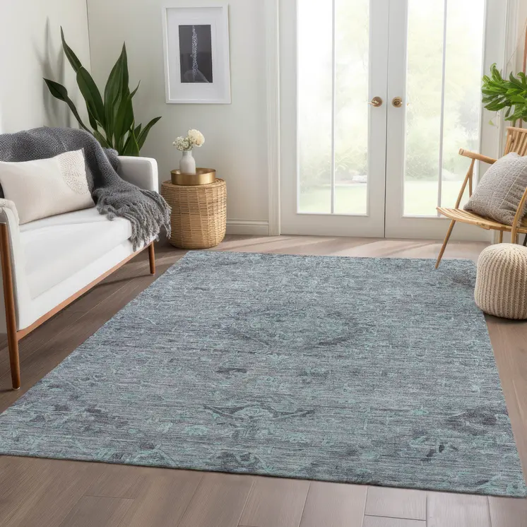 3' X 5' Teal Blue And Gray Floral Washable Indoor Outdoor Area Rug