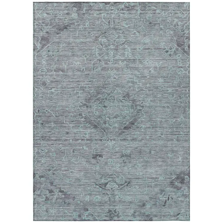 5' X 8' Teal Blue And Gray Floral Washable Indoor Outdoor Area Rug