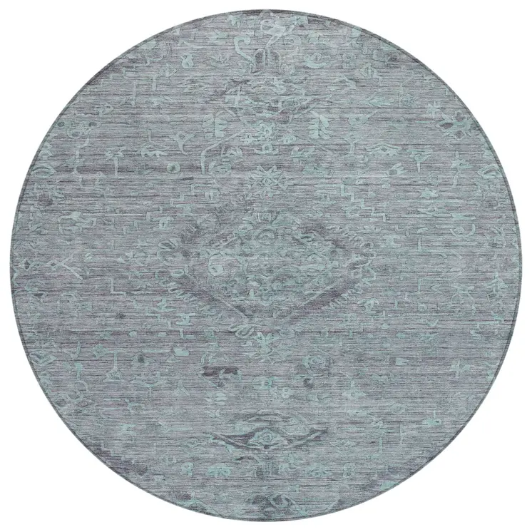 8' Teal Blue And Gray Round Floral Washable Indoor Outdoor Area Rug