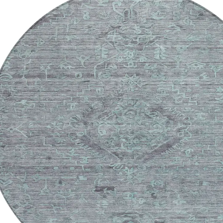 8' Teal Blue And Gray Round Floral Washable Indoor Outdoor Area Rug