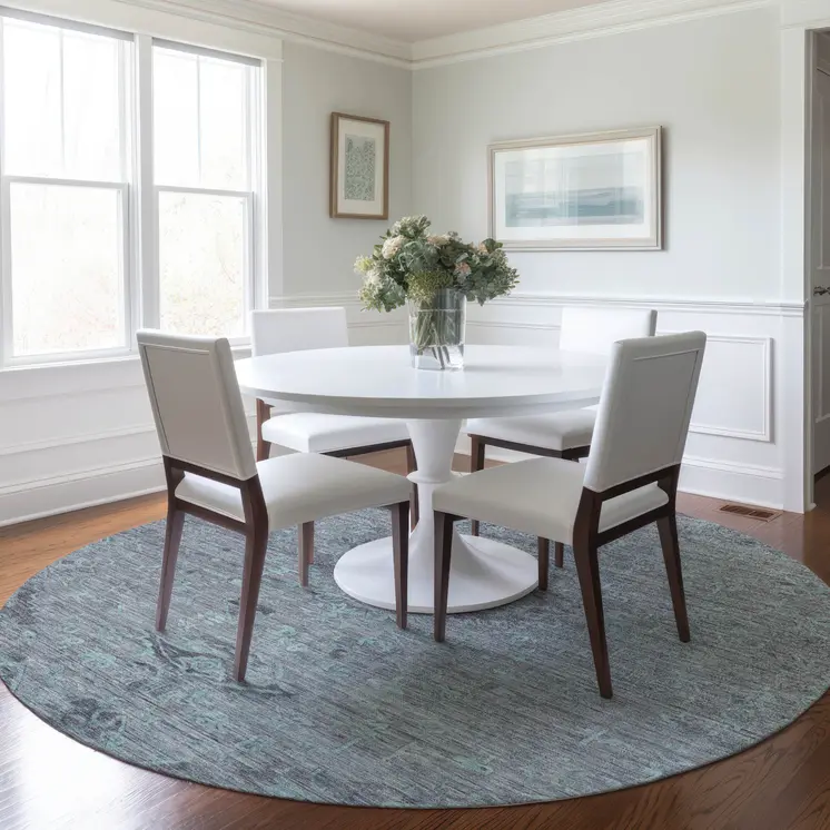 8' Teal Blue And Gray Round Floral Washable Indoor Outdoor Area Rug