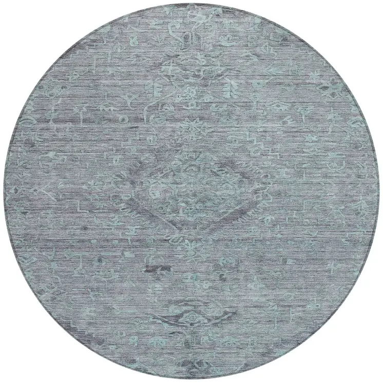8' Teal Blue And Gray Round Floral Washable Indoor Outdoor Area Rug