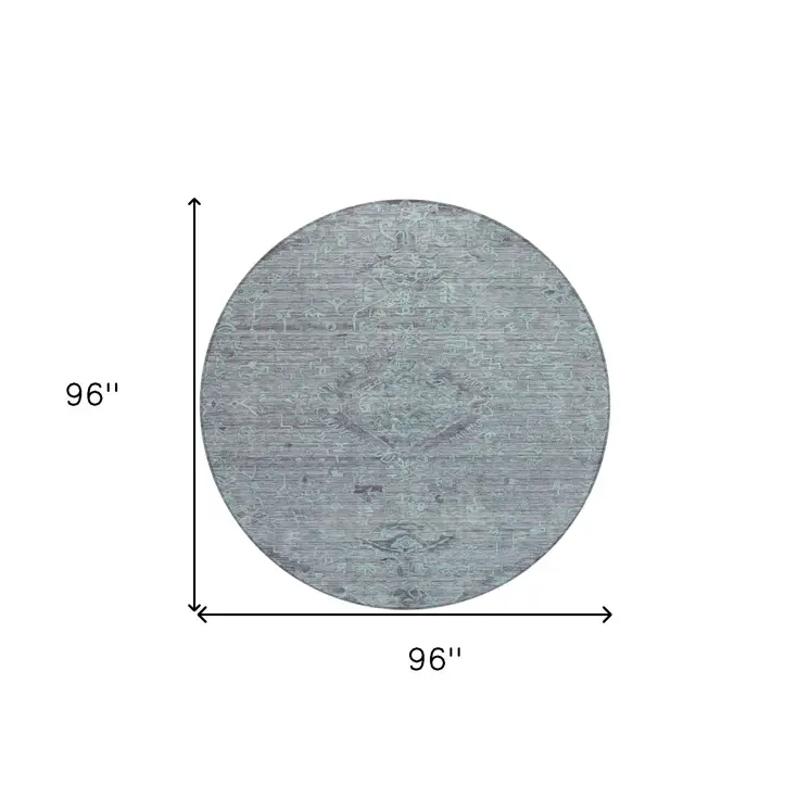8' Teal Blue And Gray Round Floral Washable Indoor Outdoor Area Rug