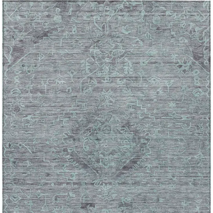 10' X 14' Teal Blue And Gray Floral Washable Indoor Outdoor Area Rug