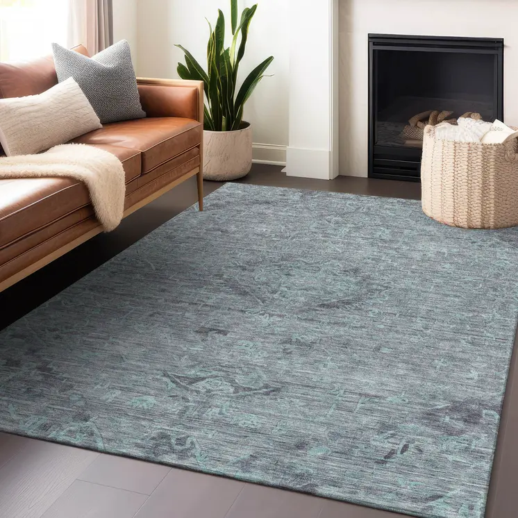 10' X 14' Teal Blue And Gray Floral Washable Indoor Outdoor Area Rug