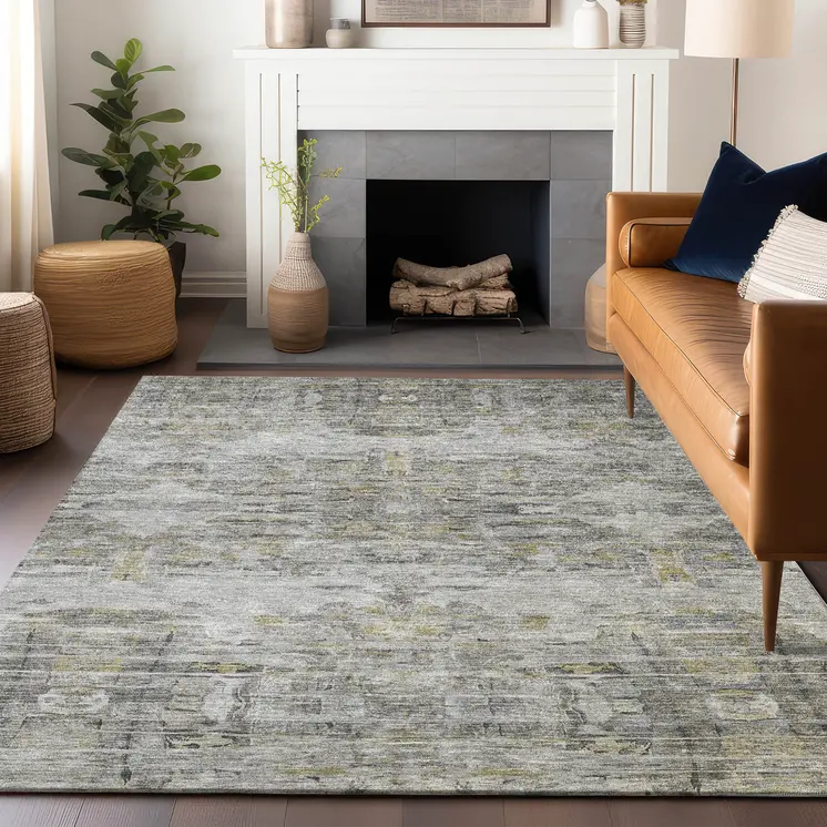 3' X 5' Gray Charcoal And Gold Abstract Washable Indoor Outdoor Area Rug