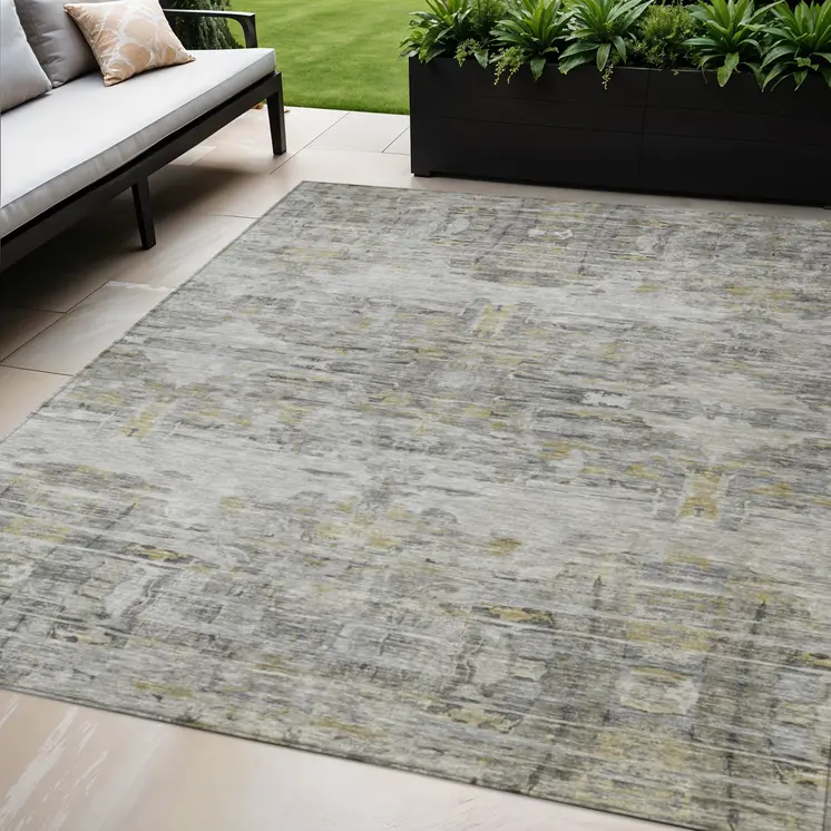 5' X 8' Gray Charcoal And Gold Abstract Washable Indoor Outdoor Area Rug