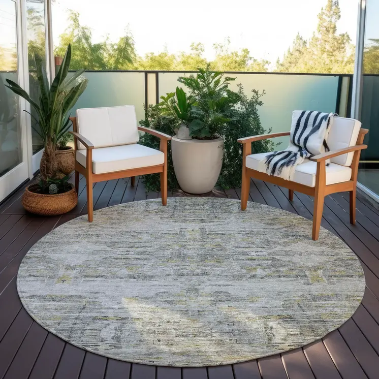 8' Gray Charcoal And Gold Round Abstract Washable Indoor Outdoor Area Rug
