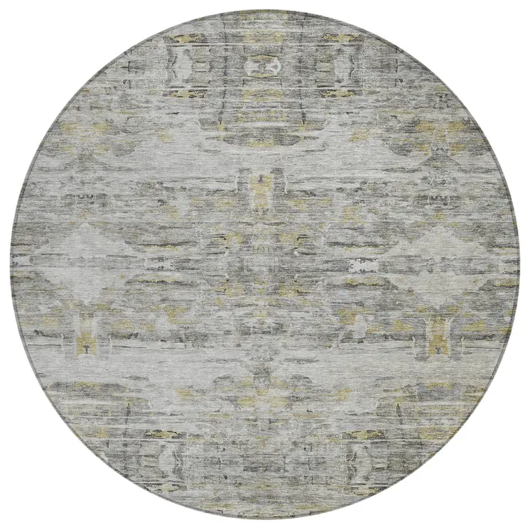 8' Gray Charcoal And Gold Round Abstract Washable Indoor Outdoor Area Rug
