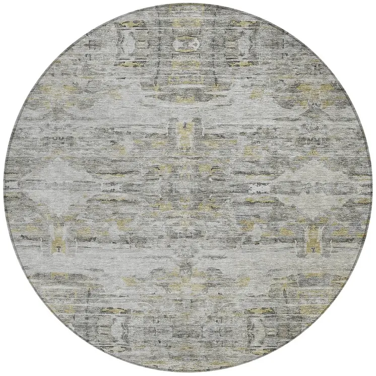 8' Gray Charcoal And Gold Round Abstract Washable Indoor Outdoor Area Rug