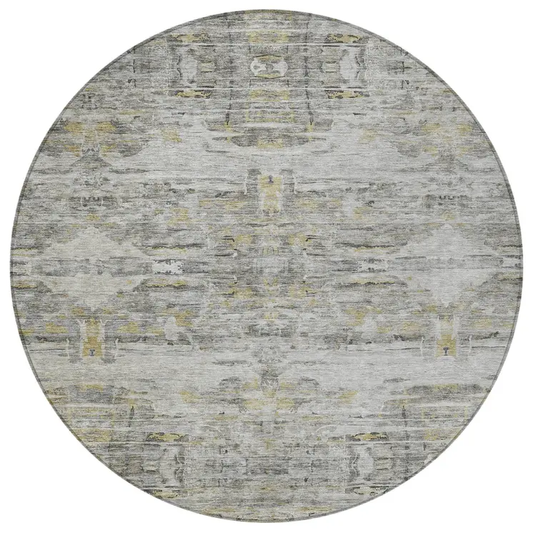 8' Gray Charcoal And Gold Round Abstract Washable Indoor Outdoor Area Rug