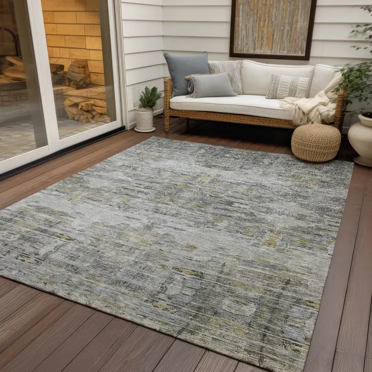 9' X 12' Gray Charcoal And Gold Abstract Washable Indoor Outdoor Area Rug