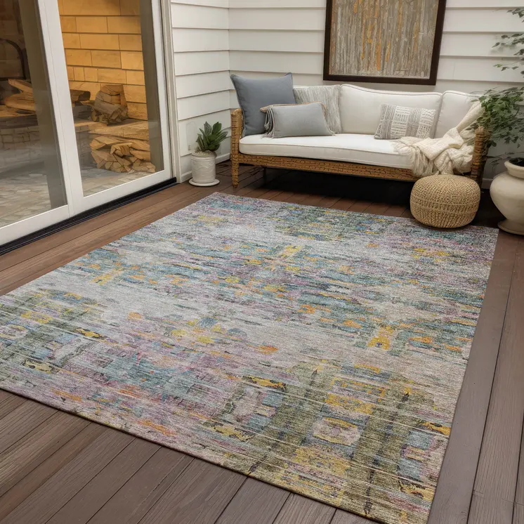 3' X 5' Linen Purple And Green Abstract Washable Indoor Outdoor Area Rug