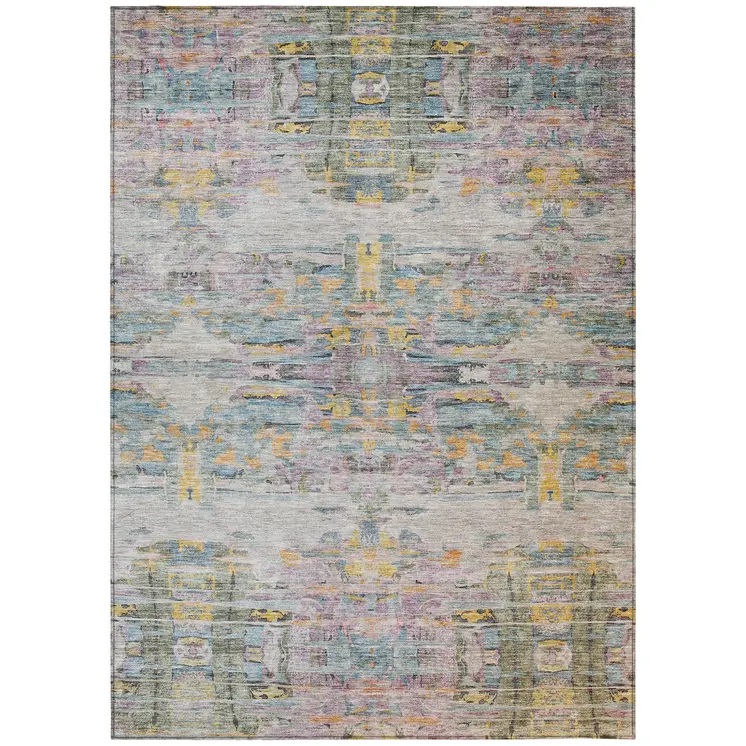3' X 5' Linen Purple And Green Abstract Washable Indoor Outdoor Area Rug