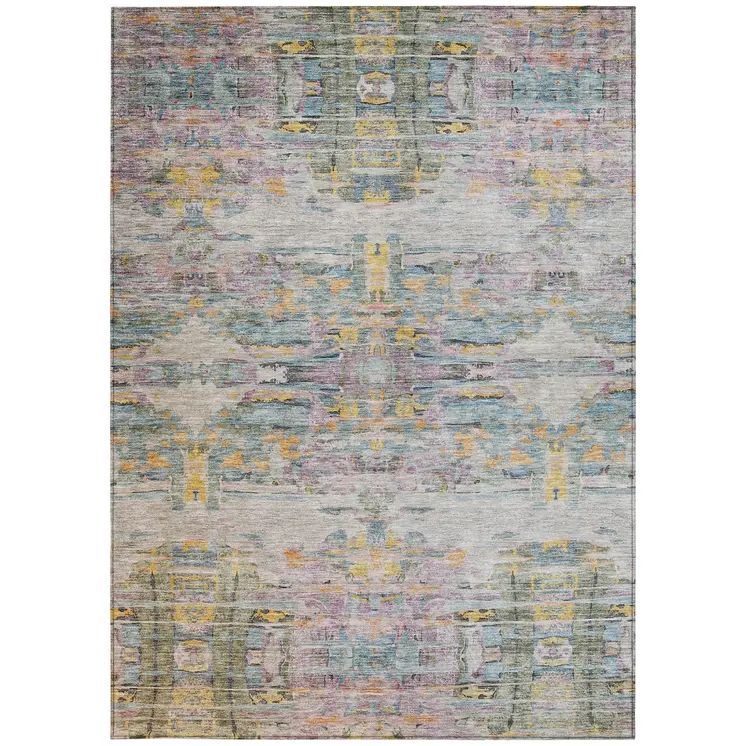 3' X 5' Linen Purple And Green Abstract Washable Indoor Outdoor Area Rug