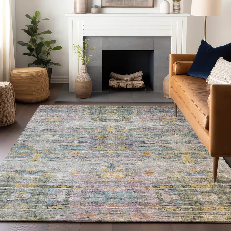 3' X 5' Linen Purple And Green Abstract Washable Indoor Outdoor Area Rug