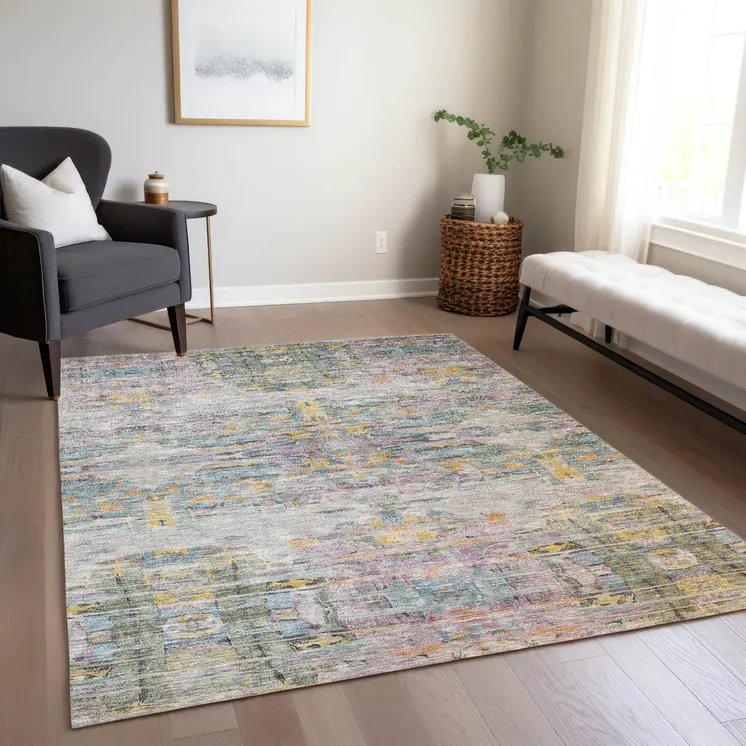 3' X 5' Linen Purple And Green Abstract Washable Indoor Outdoor Area Rug