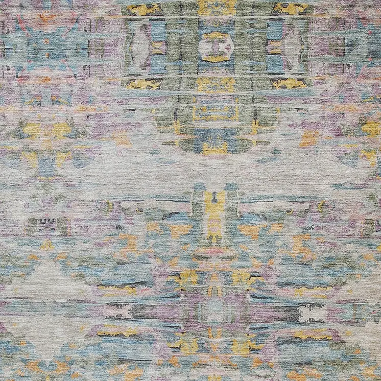 5' X 8' Linen Purple And Green Abstract Washable Indoor Outdoor Area Rug