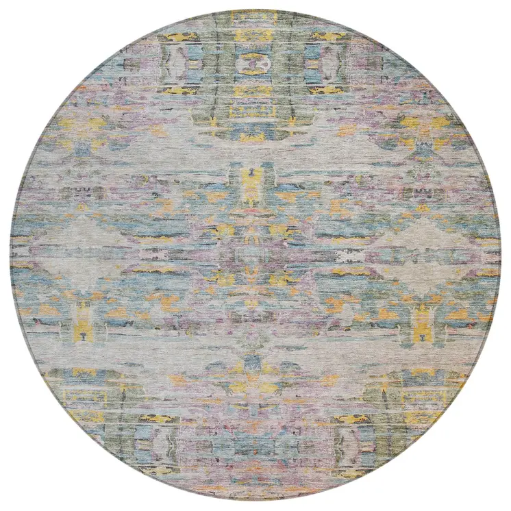 8' Linen Purple And Green Round Abstract Washable Indoor Outdoor Area Rug
