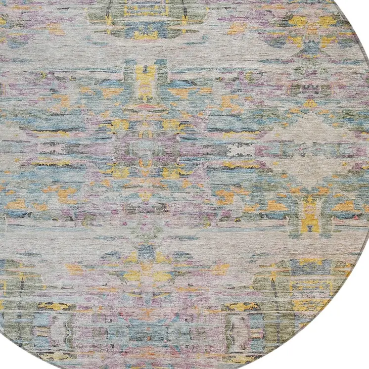 8' Linen Purple And Green Round Abstract Washable Indoor Outdoor Area Rug