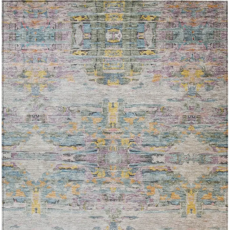 8' X 10' Linen Purple And Green Abstract Washable Indoor Outdoor Area Rug