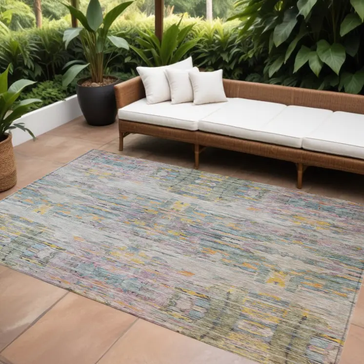 8' X 10' Linen Purple And Green Abstract Washable Indoor Outdoor Area Rug
